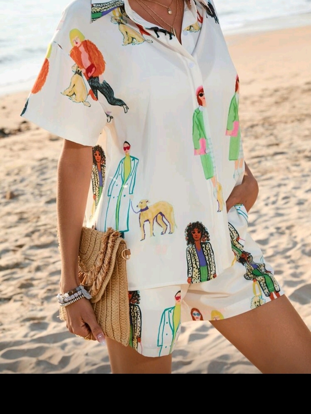 White Illustrated Resort Button-Up Shirt and Shorts Set